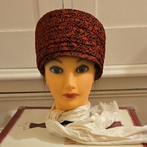 Vintage black pillbox hat red embroidery  👒